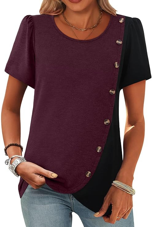 MixShe Womens Color Block Tops Short Sleeve Button Asymmetrical Casual Crewneck Pullover Shirts | Amazon (US)