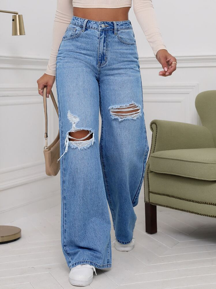 SHEIN EZwear Women's Summer Y2k High Waist Ripped Wide Leg Jeans | SHEIN