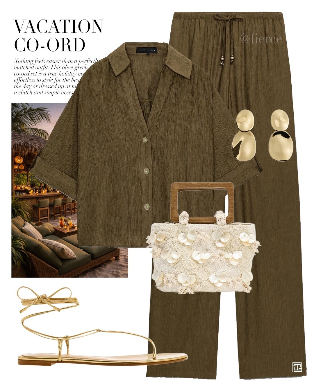 Green co-ord set embellished bag strappy tie up lace up gold sandals resort wear beach holiday evening dinner outfit 

#LTKuk #LTKeurope #LTKtravel