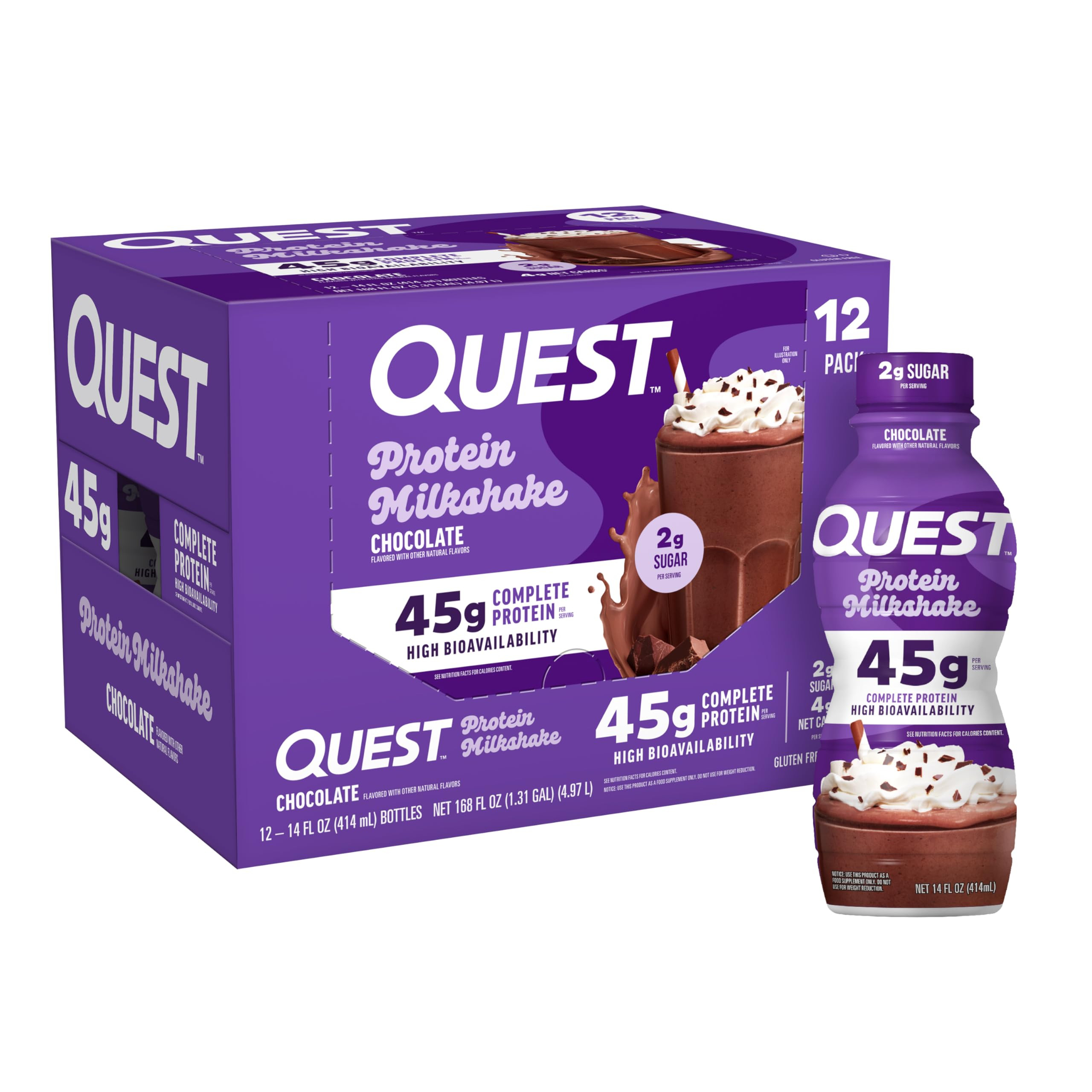 Quest Nutrition Chocolate Protein Shake, 45g Protein, 2g Sugar, 4g Net Carbs, Ready to Drink, Glu... | Amazon (US)