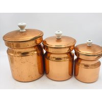 Vintage Set | 3 Tagus Portugal Copper Canisters-Tin Lined With White Knobs | Etsy (US)