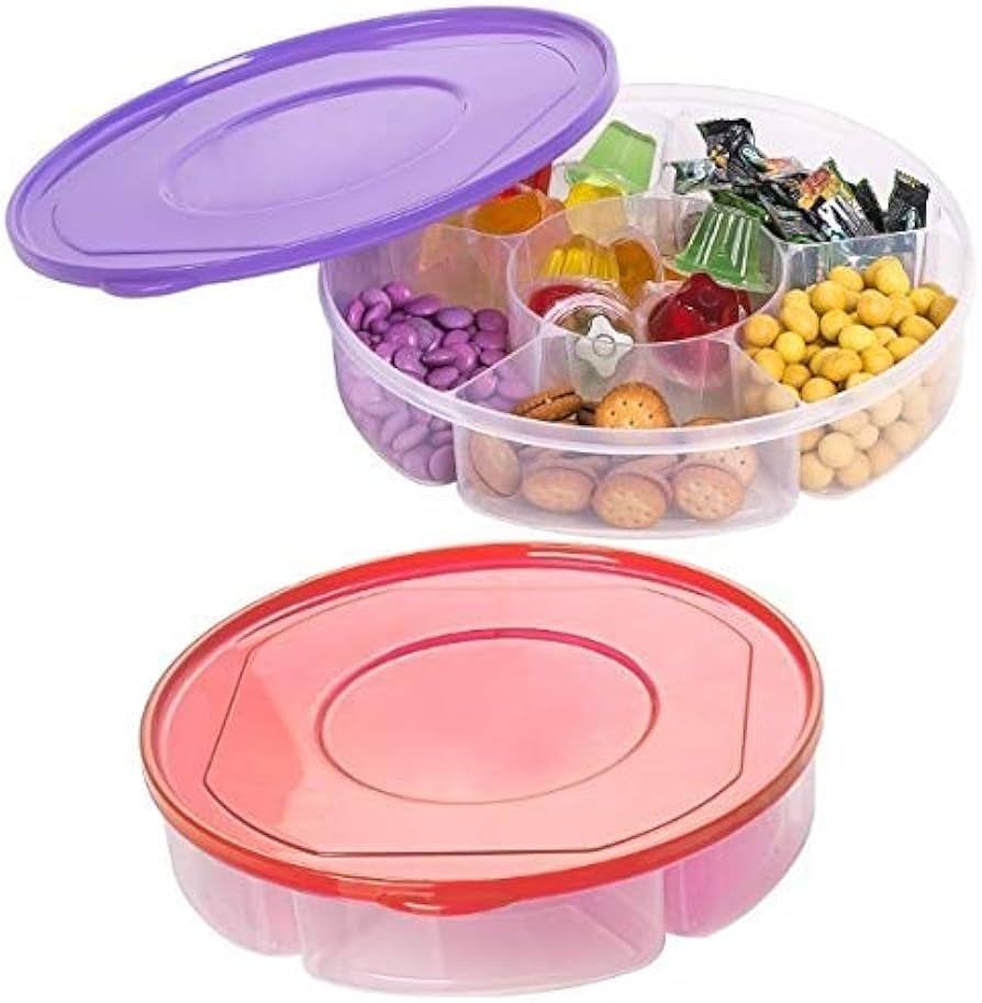 2 Pack - Candy and Nut Serving Container, Appetizer Tray with Lid, 6 Compartment Round Plastic Fo... | Amazon (US)