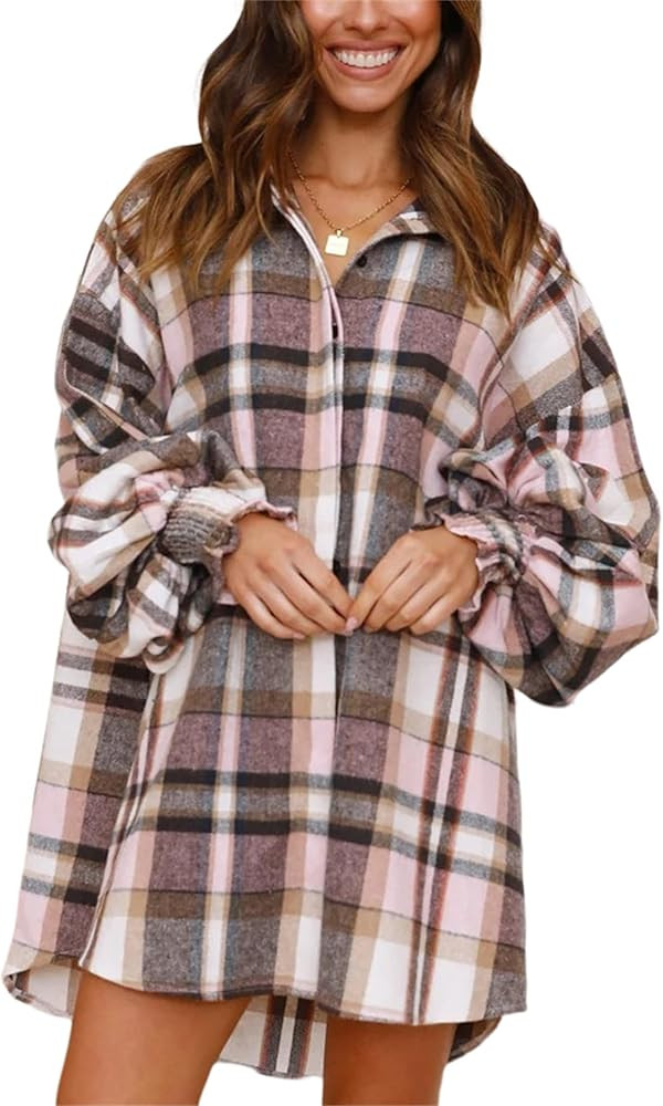 Plaid Flannel Shirts for Women - Oversized Long Sleeve Button Down Shirt Dresses Shacket Blouse T... | Amazon (US)