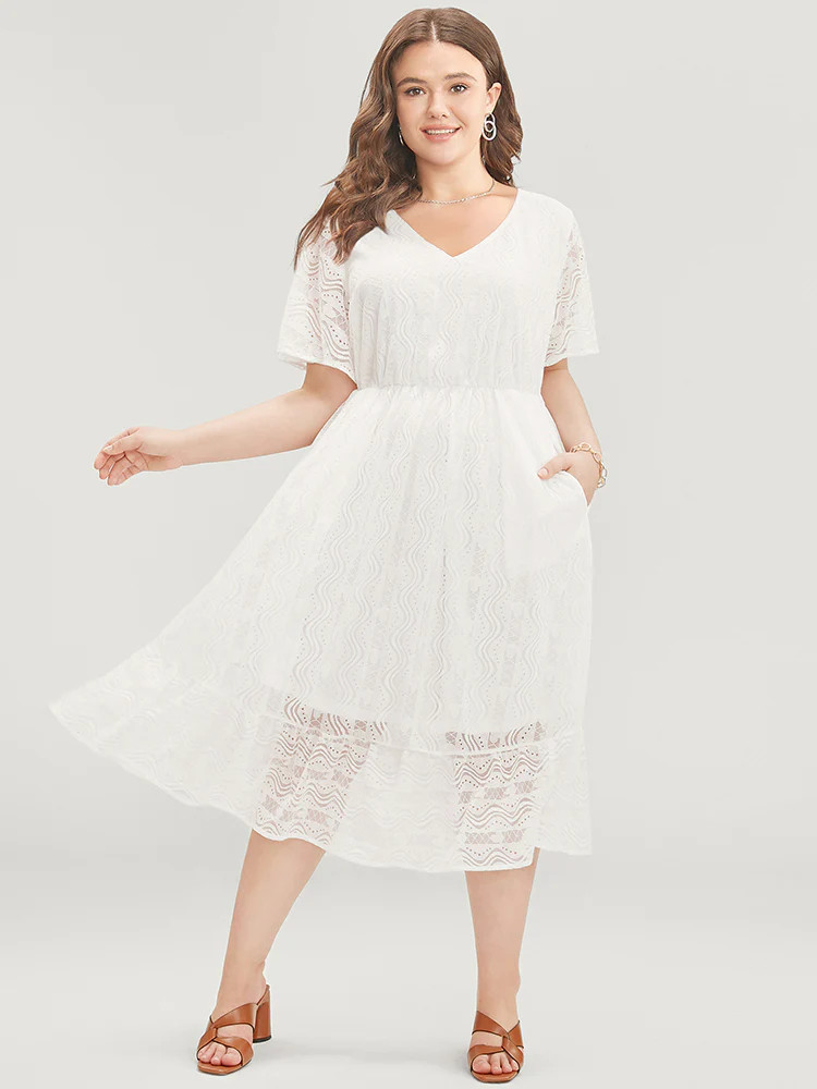 Plain Geometric Ruffle Sleeve Pocket Lace Midi Dress | Bloomchic