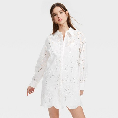 Women's Long Sleeve Eyelet Embroidered Collared Mini Shirtdress White - Roller Rabbit x Target XXS | Target