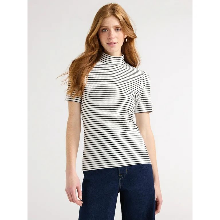 Free Assembly Women's Ribbed Mock Neck Top with Short Sleeves, Sizes XS-XXL | Walmart (US)