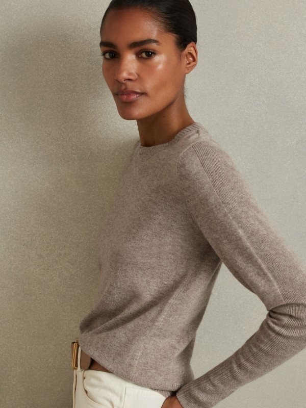 Wool Blend Crew Neck Jumper with Cashmere in Neutral | Reiss UK