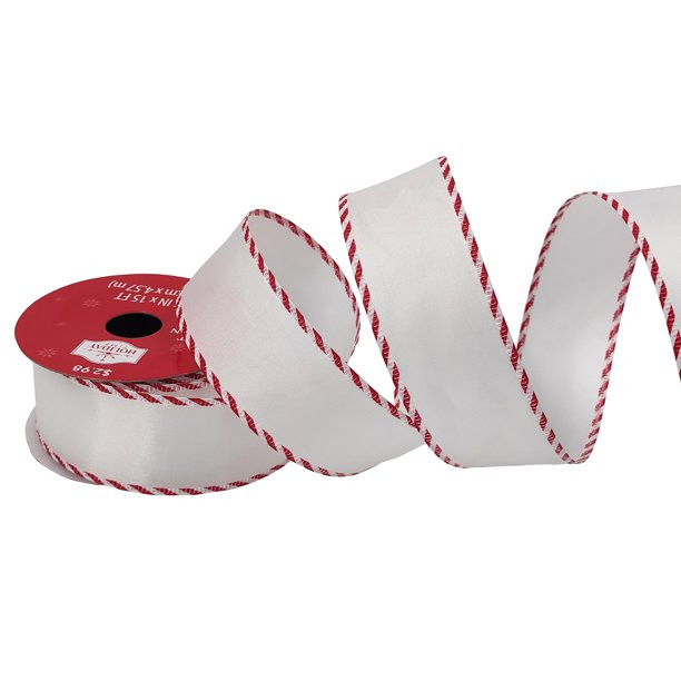 Holiday Time Gift Wrap Ribbon, White Satin with Red/White Stripe Edge, 1.5"/15' - Walmart.com | Walmart (US)