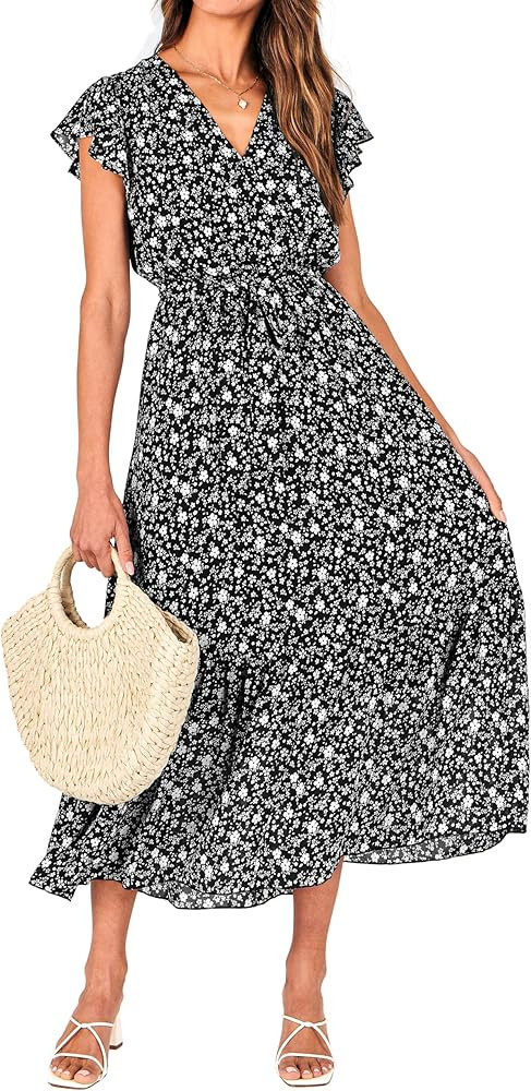 BTFBM Women Summer Bohemian Floral Casual Wrap V Neck Ruffle Cap Sleeveless Belt A-Line Pleated H... | Amazon (US)
