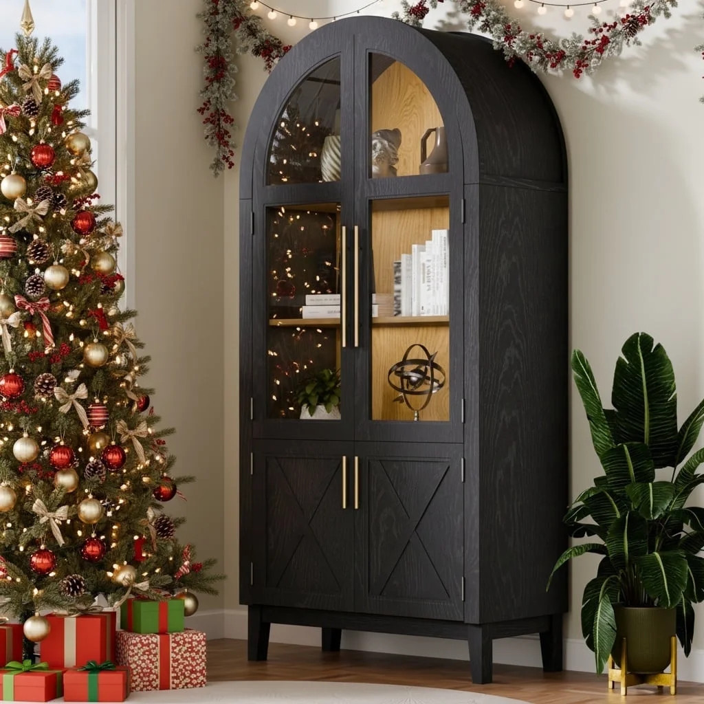 TOPCOMFY 75" Arched Cabinet with Glass Doors, Kitchen Storage Cabinet with Door, 5-Tier Arched Bo... | Walmart (US)