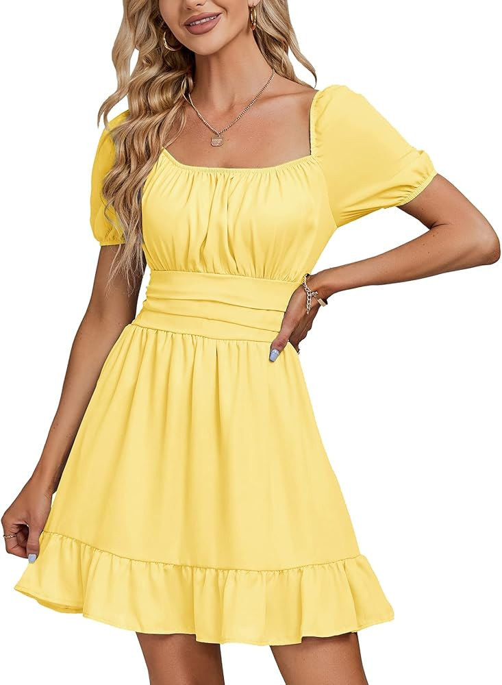 Rooscier Women's Square Neck Puff Short Sleeve Mini Dress With Sleeves Yellow Casual Dress Outfit | Amazon (US)