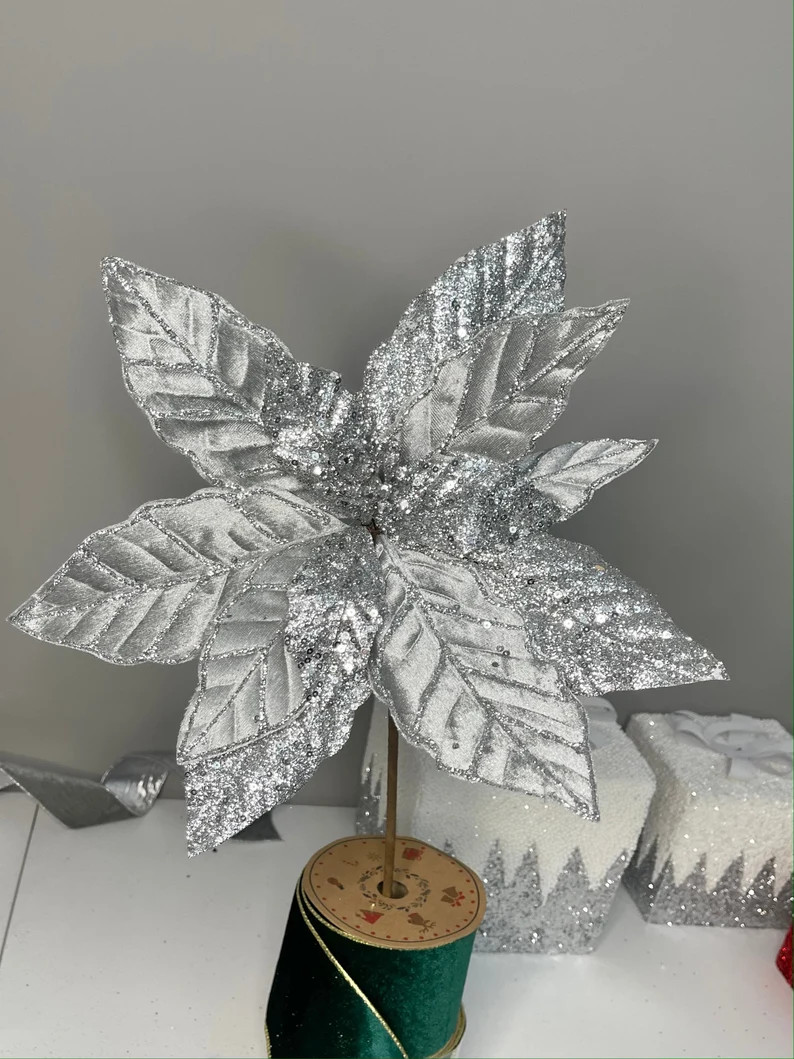 Silver Grey Glittered Poinsettia Flower Christmas Stem Spray Set of 2 - Etsy | Etsy (US)