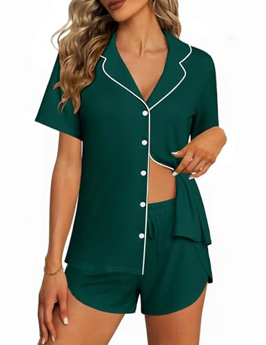 Ekouaer Pajamas for Women Set Button Up Sleepwear 2 Piece Pjs Lounge Set Short Sleeve Nightwear Green XL | Amazon (US)