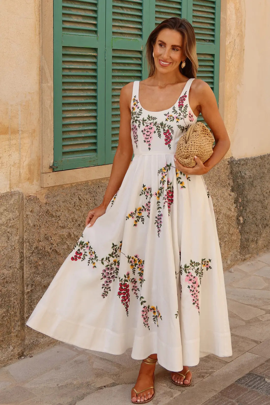 Floral Embroidered Cotton Linen Woven Prom Dress | Karen Millen