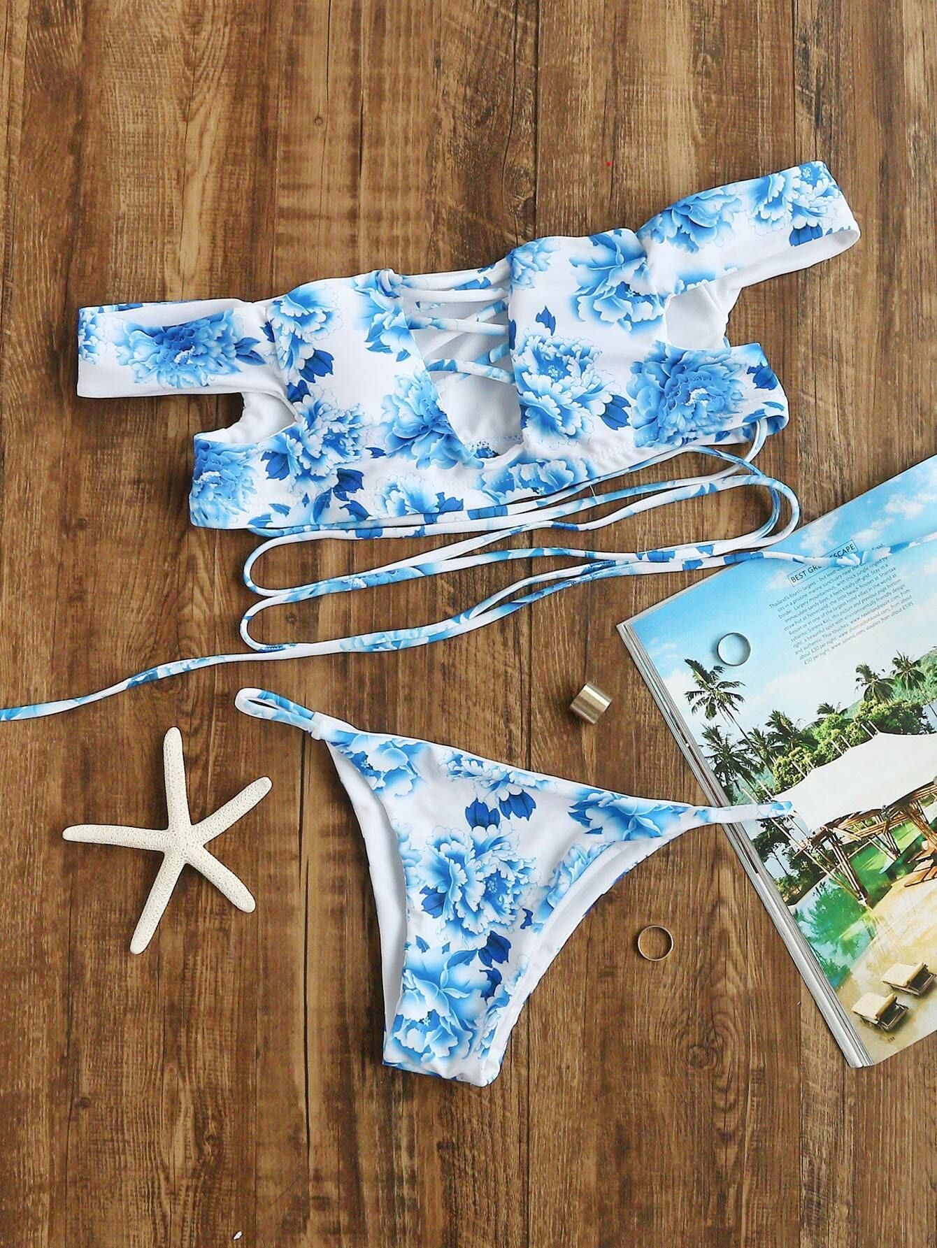 Blue Floral Print Off The Shoulder Criss Cross Bikini Set | Romwe