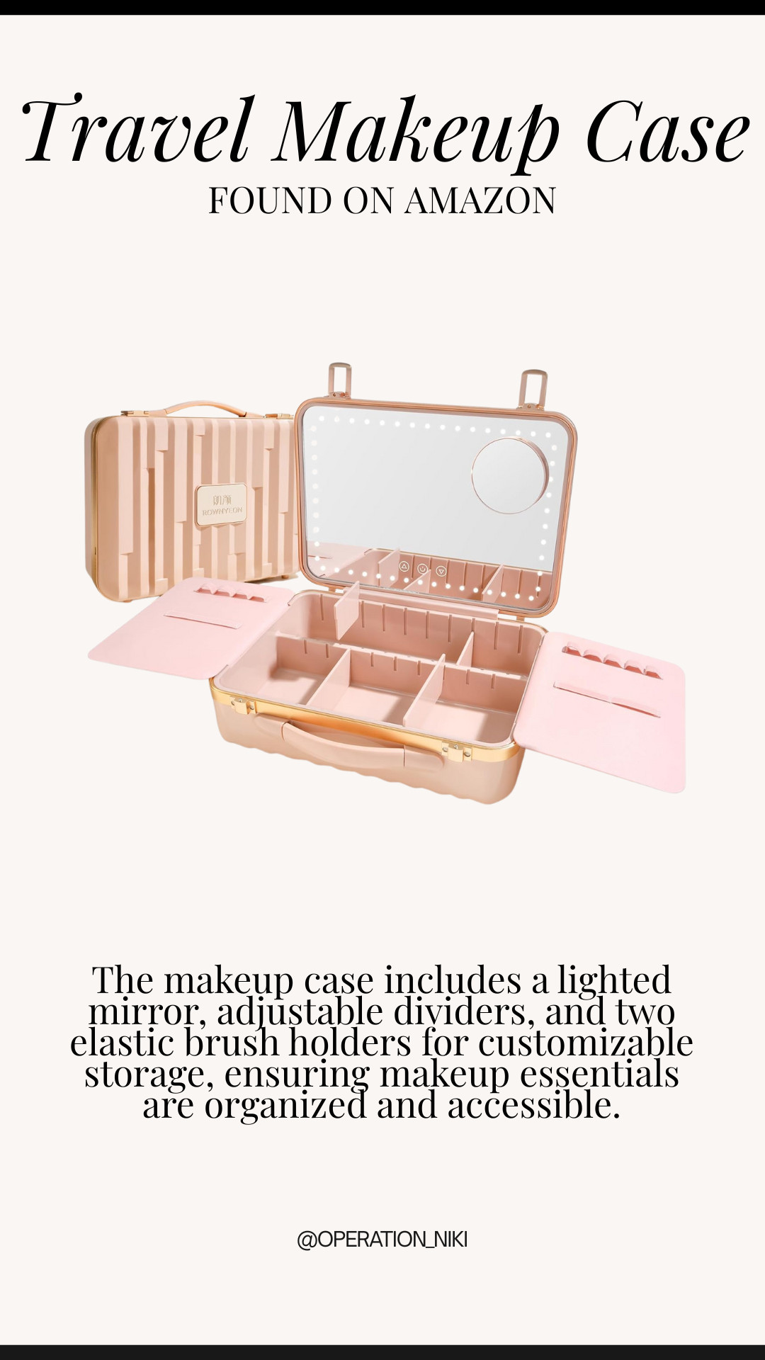 This compact makeup case keeps all your essentials in one chic spot — with smart compartments and a built-in mirror that make getting ready anywhere feel effortless. A must-have for beauty lovers on the go. 💕 Follow for more 

@OPERATION_NIKI on IG, TikTok, & Facebook 💛 

#TravelMakeupCase #BeautyOrganization #AmazonFinds #MakeupStorage #TravelEssentials #BeautyMustHaves #CozyAesthetic #GiftIdeas 

 

#LTKFindsUnder100 #LTKBeauty #LTKTravel