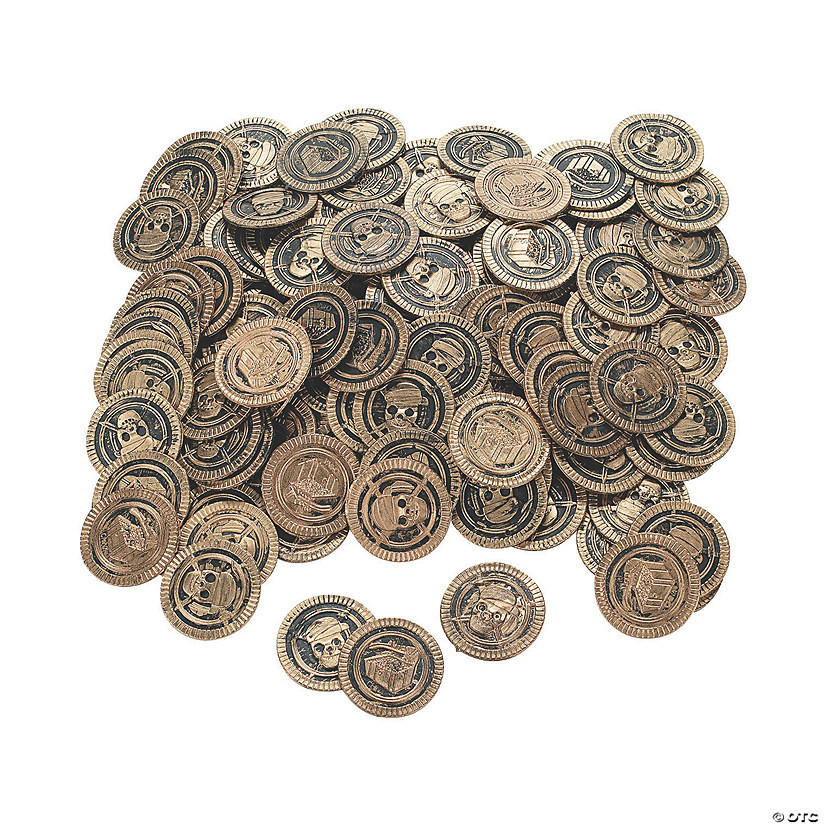 1 1/2" Bulk 144 Pc. Pirate Skull & Crossbones Gold Plastic Coins | Oriental Trading Company