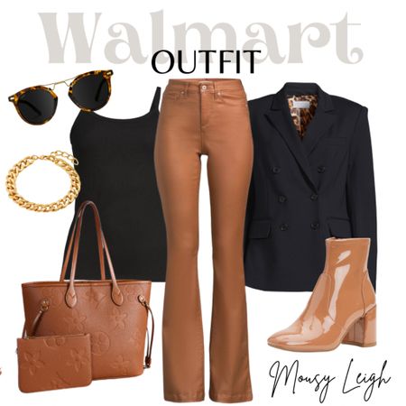 Walmart work wear.

Double breasted black blazer, cami, tank, Faux leather pants, tan, camel, brown, patent boots, bracelet, gold, sunglasses, ootd, outfit idea, office, business casual 

#LTKunder50 #LTKworkwear #LTKstyletip