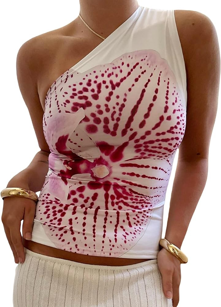 Women Y2k Floral Tank Top One Shoulder Backless Graphic Tee Sleeveless Flower Print Slim Fitted C... | Amazon (US)