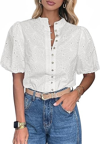 Lazysmile Summer Boho Tops for Women Short Sleeve V Neck Button Down Hollow Out Lace Embroidered ... | Amazon (US)