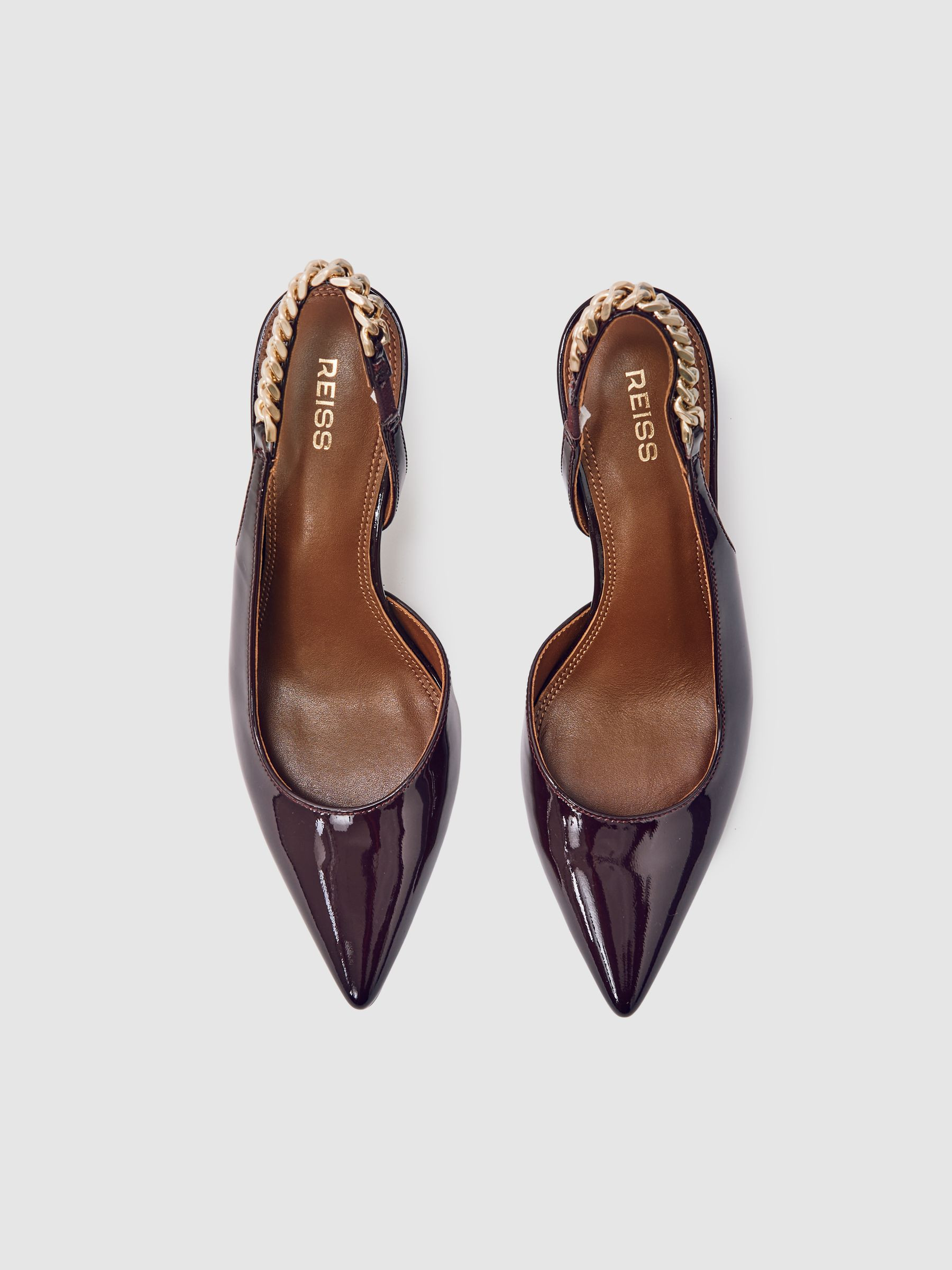 Reiss Patent-Leather Chain-Slingback Heels in Burgundy - REISS | Reiss UK