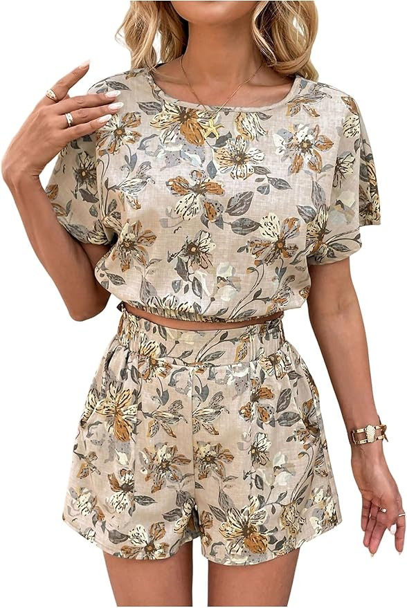 SweatyRocks Women's Two Piece Outfits Summer Printed Short Sleeve Crop Top and Wide Leg Shorts Se... | Amazon (US)