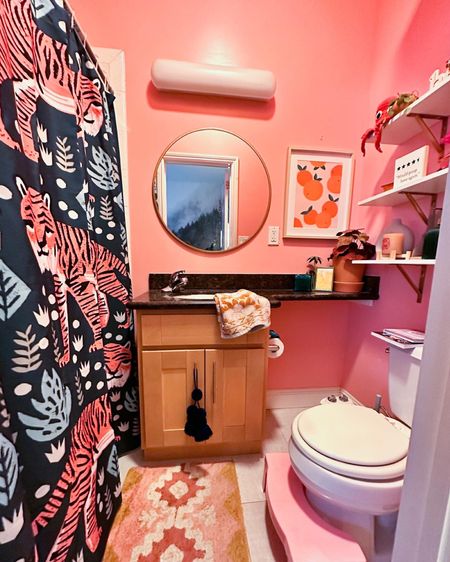 Bathroom - pink bathroom - tiger shower curtain - fun decor - happy home decor - bath mat 

#LTKunder50 #LTKFind #LTKhome