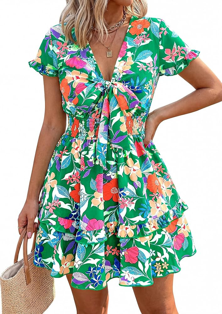 PRETTYGARDEN Women Summer Short Dress 2026 Casual V Neck Short Sleeve Tiered Bow Mini Sun Dresses... | Amazon (US)