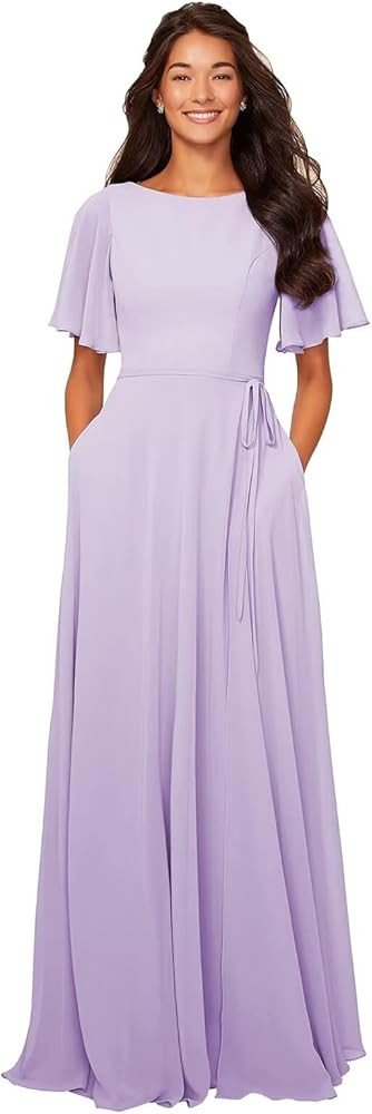 petyoo Flutter Sleeve Chiffon Bridesmaid Dresses with Pockets Sash Long Formal Evening Gown | Amazon (US)