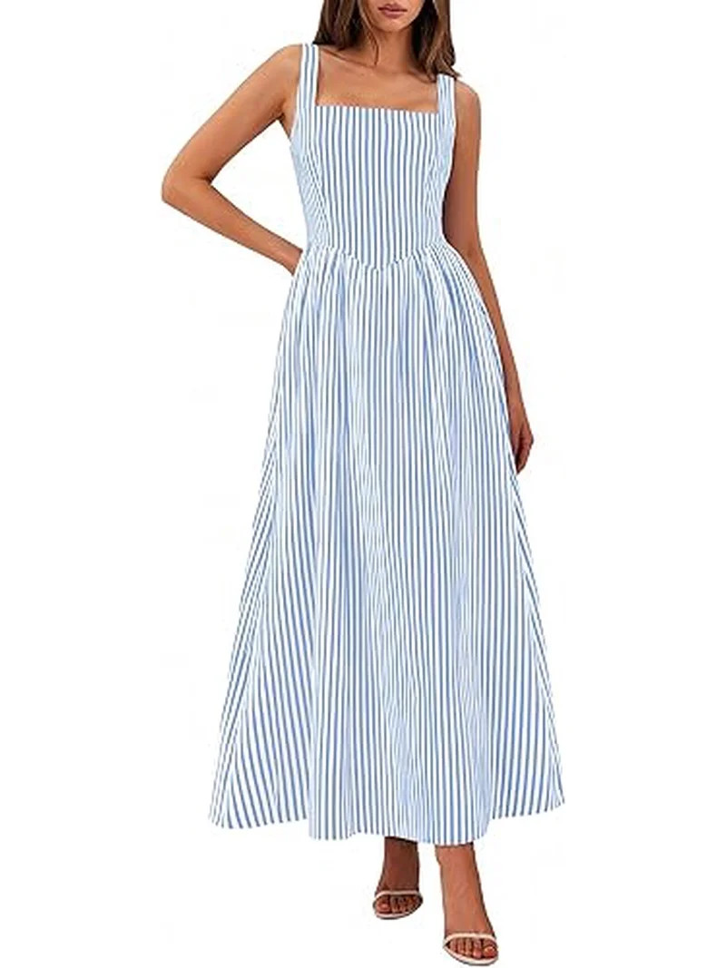 PRETTYGARDEN Women's Maxi Striped Dress Summer Sleeveless Square Neck Smocked A Line Long Flowy S... | Walmart (US)