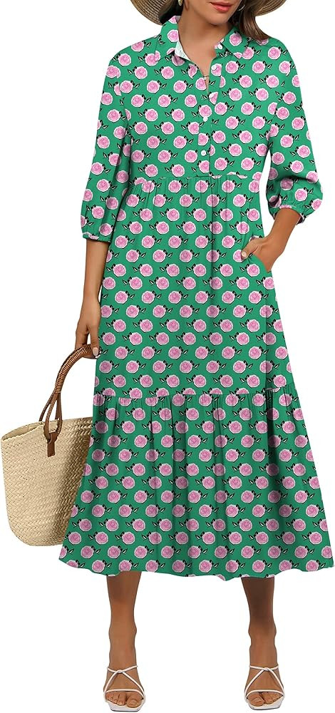 ANRABESS Women Casual 3/4 Puff Sleeve Polo V Neck Floral Printed Flowy Swing Loose Summer Boho Ma... | Amazon (US)