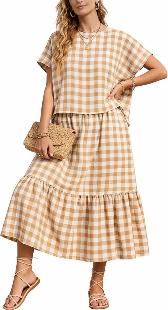 Womens Two Piece Skirt Set Gingham Plaid Short Sleeve Loose Top and Tiered Midi Skirt Casual Summ... | Amazon (US)