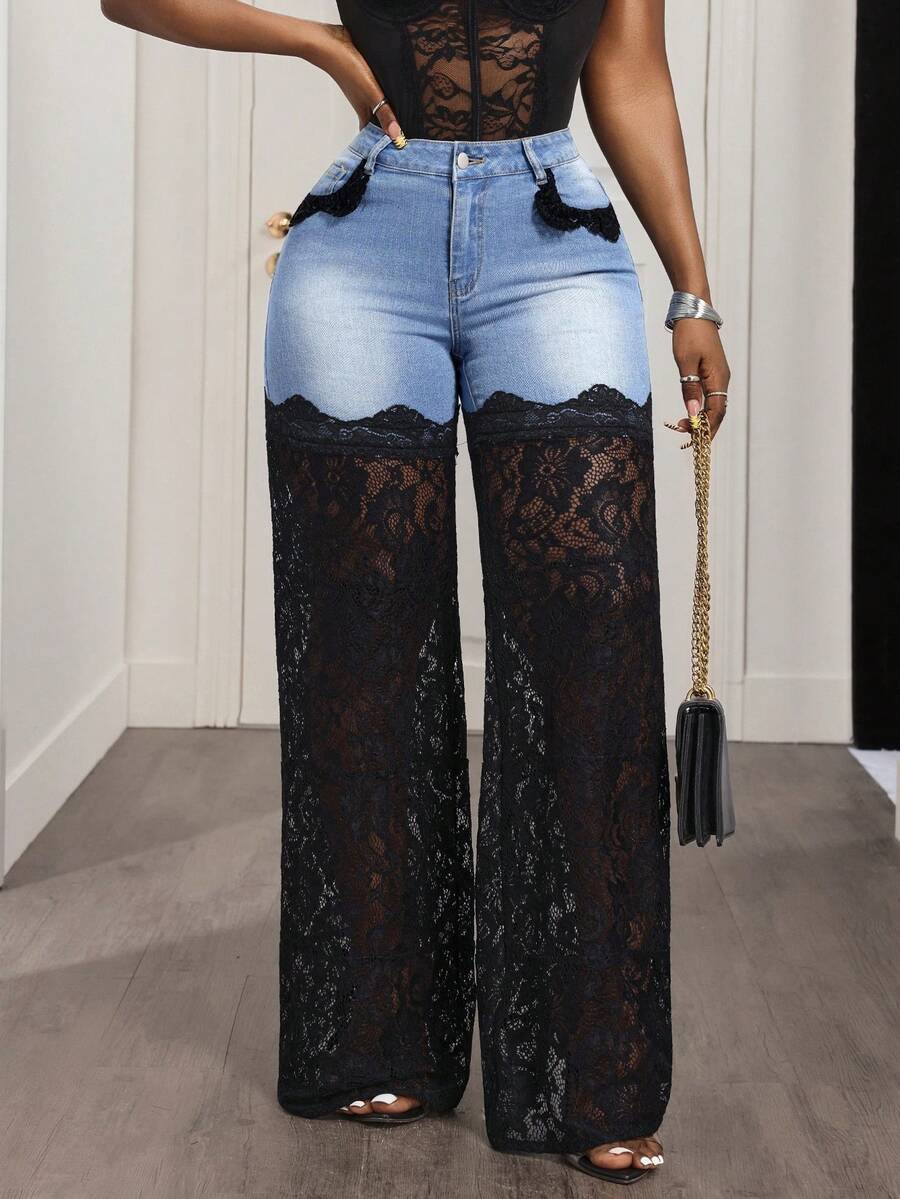 Slaydiva Women's Fashion Party Patchwork Sheer Lace Loose Wide Leg Jeans | SHEIN