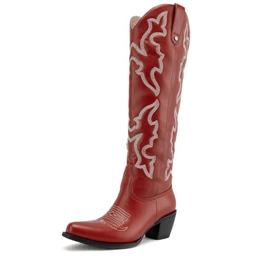 DREAMCIA Embroidered Western Boots for Women Cowboy Boots Wide Mid Calf Western Cowgirl Boots with Pointed Toe Chunky Heel Western Knee High Boots Red -7.5 | Amazon (US)