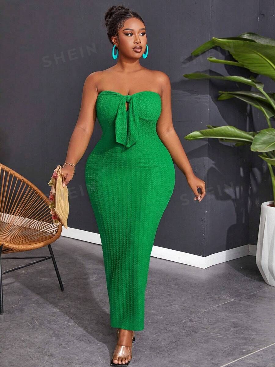 SHEIN Slayr Women'S Plus Size Solid Color Strapless Knotted Bodycon Dress | SHEIN