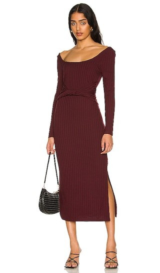 Nora Waist Tie Midi Dress in Wine Marle | Revolve Clothing (Global)