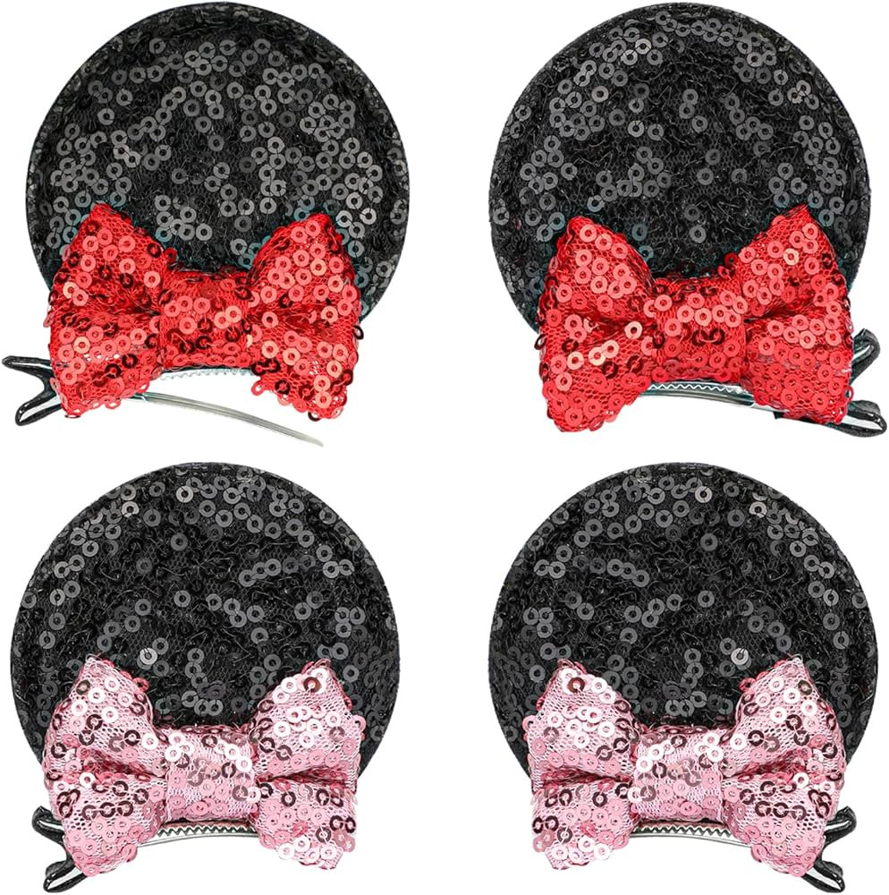 4 Pcs Mickey Mouse Ears Minnie Ears Clips Sequin Mouse Ears Hair Clips Hair Accessories for Women... | Amazon (US)