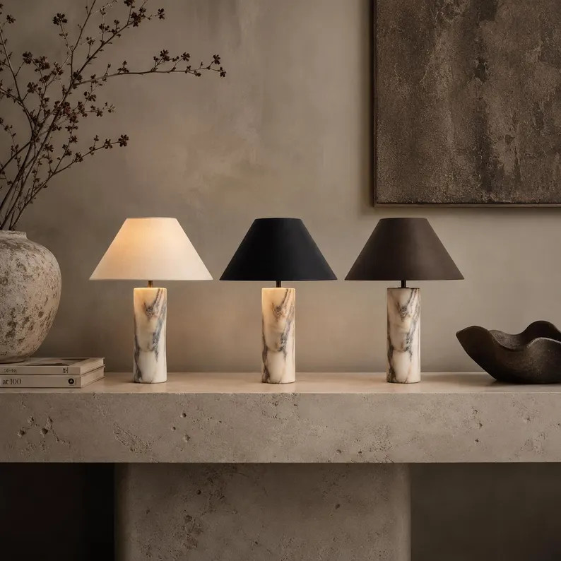 Calacatta Viola Desk Lamp, Marble Style Table Light, Modern Bedside Lamp With Fabric Shade, Minim... | Etsy (Global)