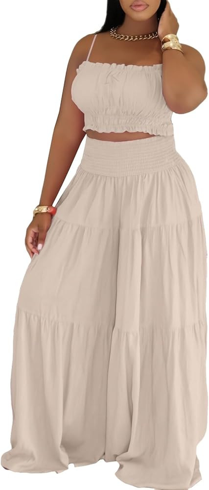 Ophestin 2 Piece Sets for Women Summer Smocked Sleeveless Crop Top Wide Leg Pants Matching Sets S... | Amazon (US)