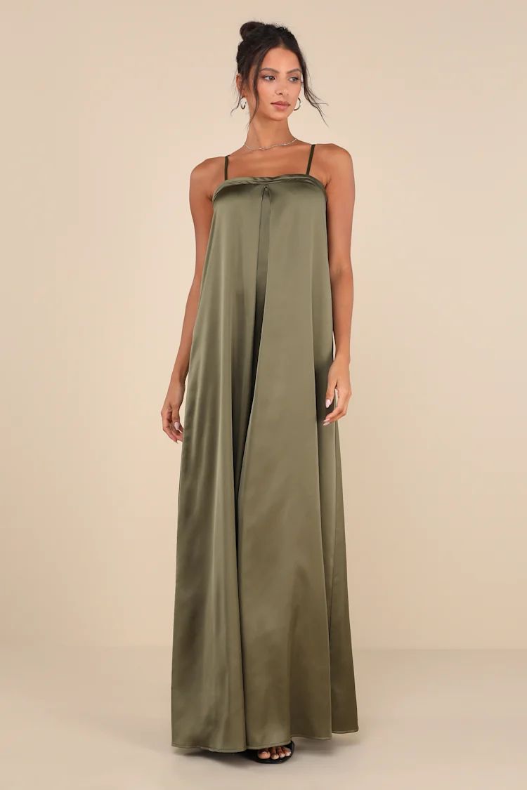 Modern Poise Olive Green Satin Pleated Sleeveless Maxi Dress | Lulus