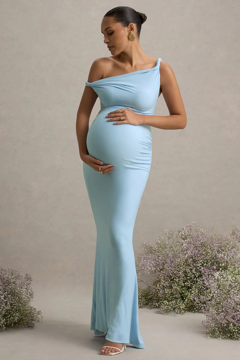 Lita  Powder Blue Twisted Asymmetric Maternity Maxi Dress | Club L London
