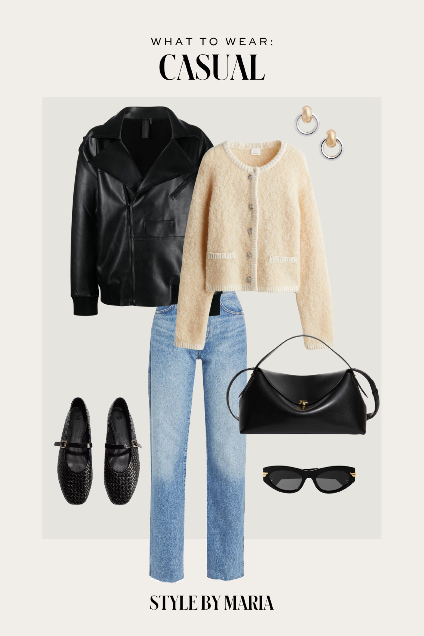 Winter outfit ideas
Norma kamali leather jacket
H&M ballet flats
H&M boucle cardigan
Reformation straight leg jeans 

#LTKShoeCrush #LTKSeasonal #LTKFindsUnder100