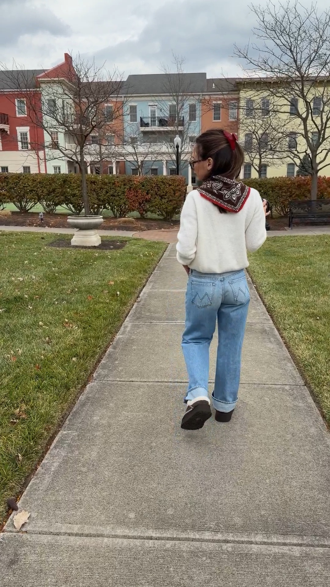 Saturday outfit! I love these triangle scarves! Wearing S sweater and 24 petite jeans. The jcrew sweater is a great similar option because of the bubble shape!