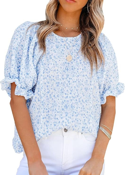 Zeagoo Womens Blouses Dressy Casual Spring Floral Print Crewneck Smocked Puff Short Sleeve Shirts | Amazon (US)