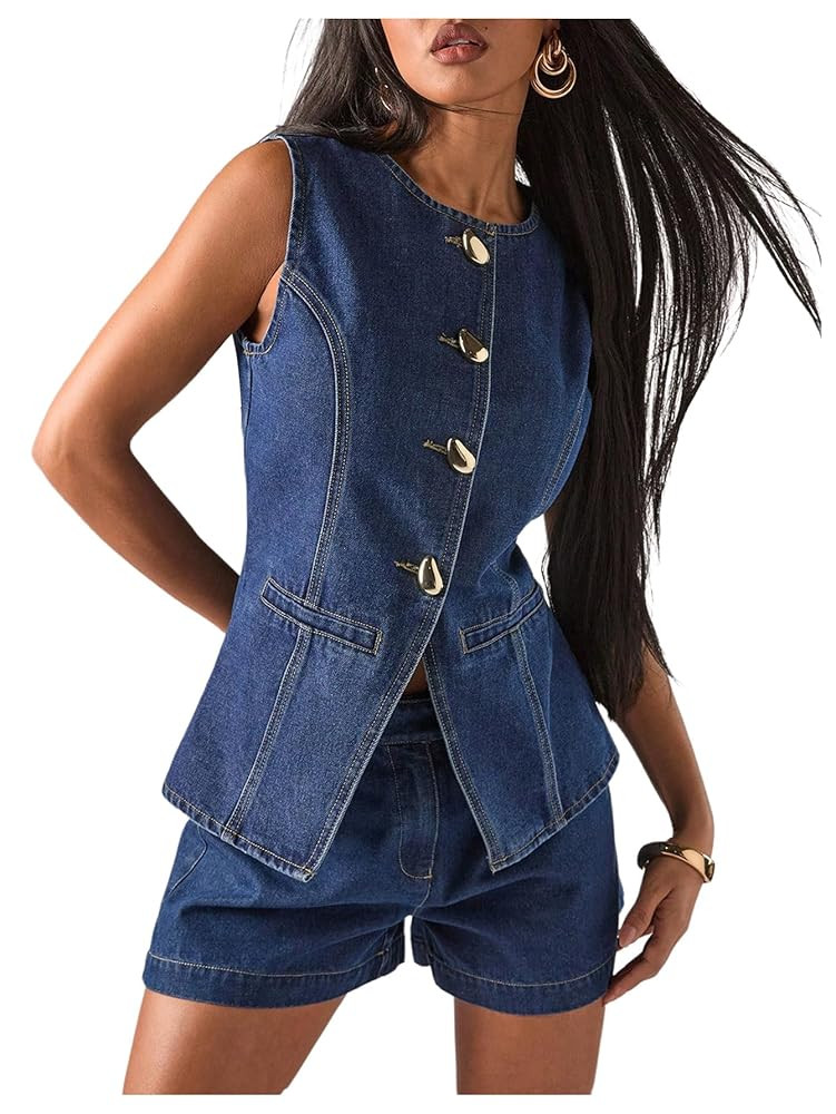 WDIRARA Women's Button Down Denim Vest Sleeveless Tank Top Jean Waistcoat with Metal Buckle | Amazon (US)