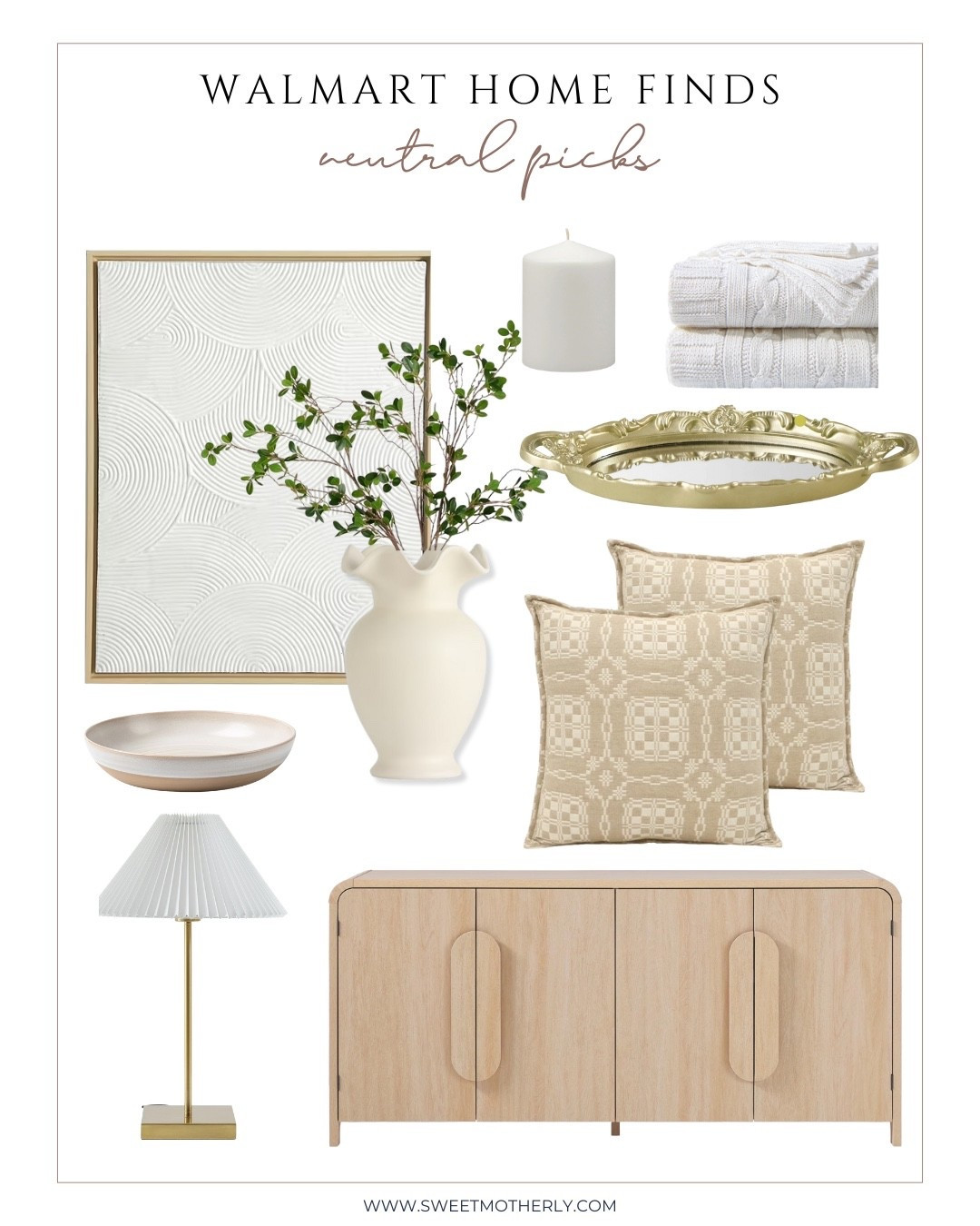 Create a timeless look with Walmart neutral home decor, including textured throw pillows, cream knit blankets, and a light wood sideboard. Elevate your space with gold trays, minimal vases, and neutral wall art. These Walmart home finds make it easy to design a cohesive, neutral living room or bedroom.

#LTKStyleTip #LTKHome