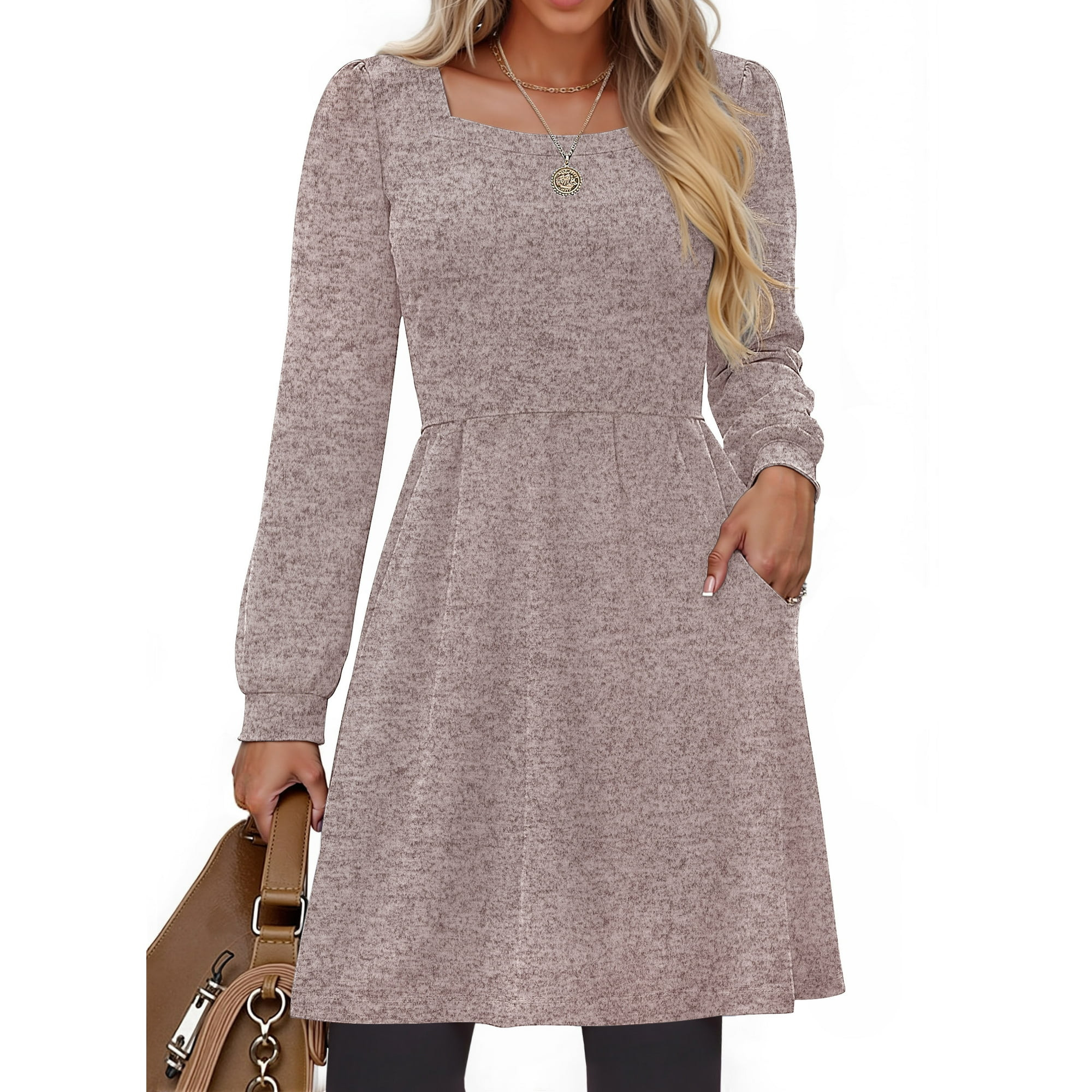 Fantaslook Square Neck Long Sleeve Dresses for Women Casual Trendy Sweater Dress with Pockets | Walmart (US)