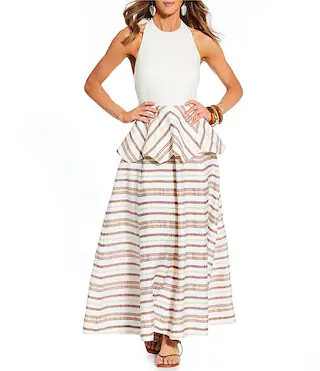 Antonio Melani x Stephanie Covington Elana Linen Blend Stripe Halter Tie Open Back Peplum A-Line ... | Dillard's
