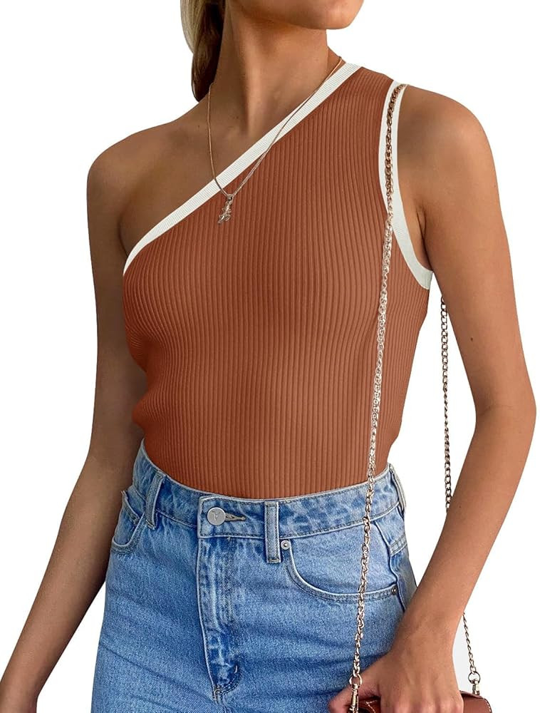 ZESICA Women's Color Block Tank Top Summer One Shoulder T Shirt Ribbed Knit Sleeveless Slim Fit B... | Amazon (US)