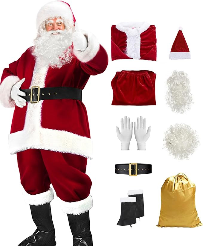 Santa Claus Costume for Men Adult, 9pc. Christmas Deluxe Santa Suit Outfit | Amazon (US)